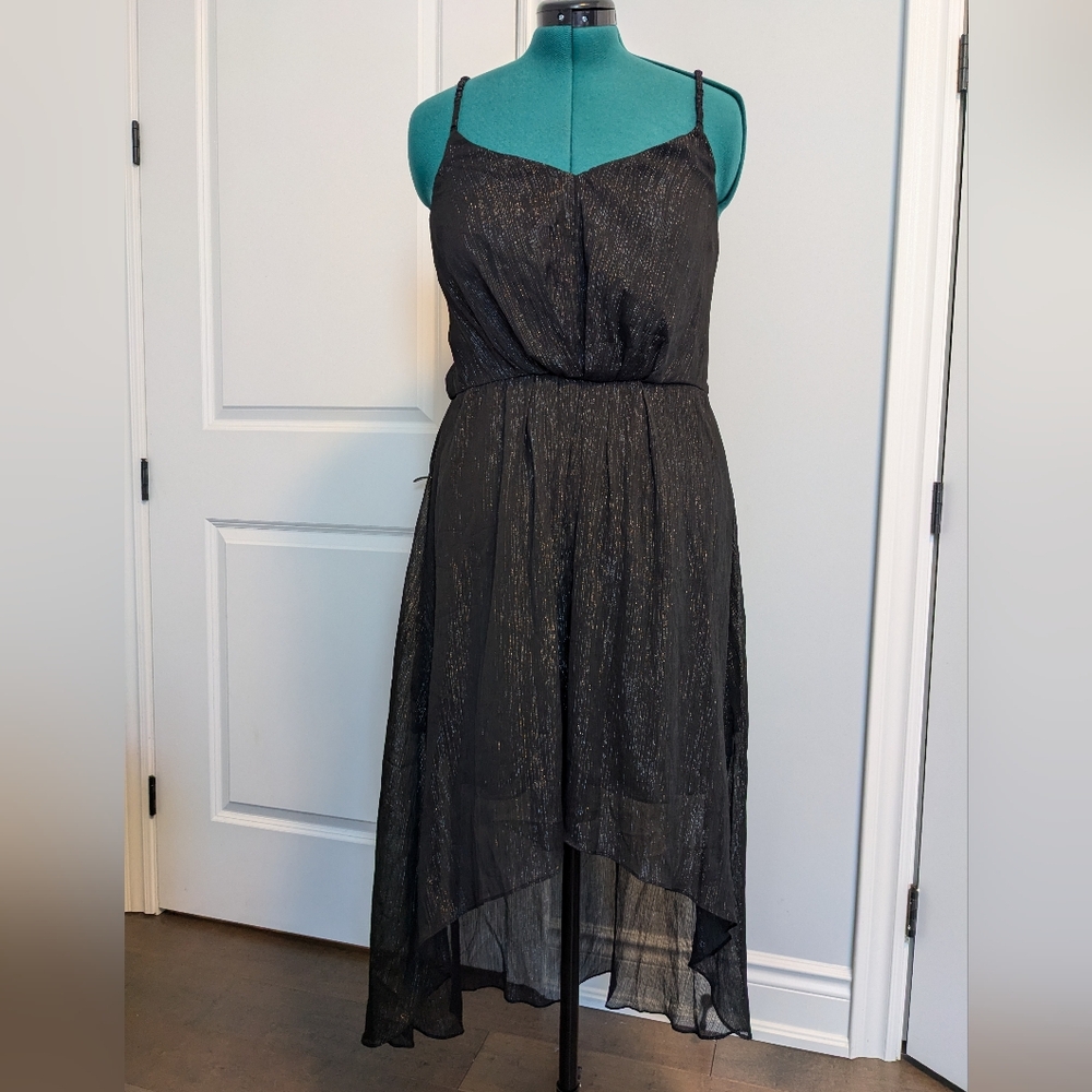 BCBG Metallic black high low dress, little black dress, women's large
